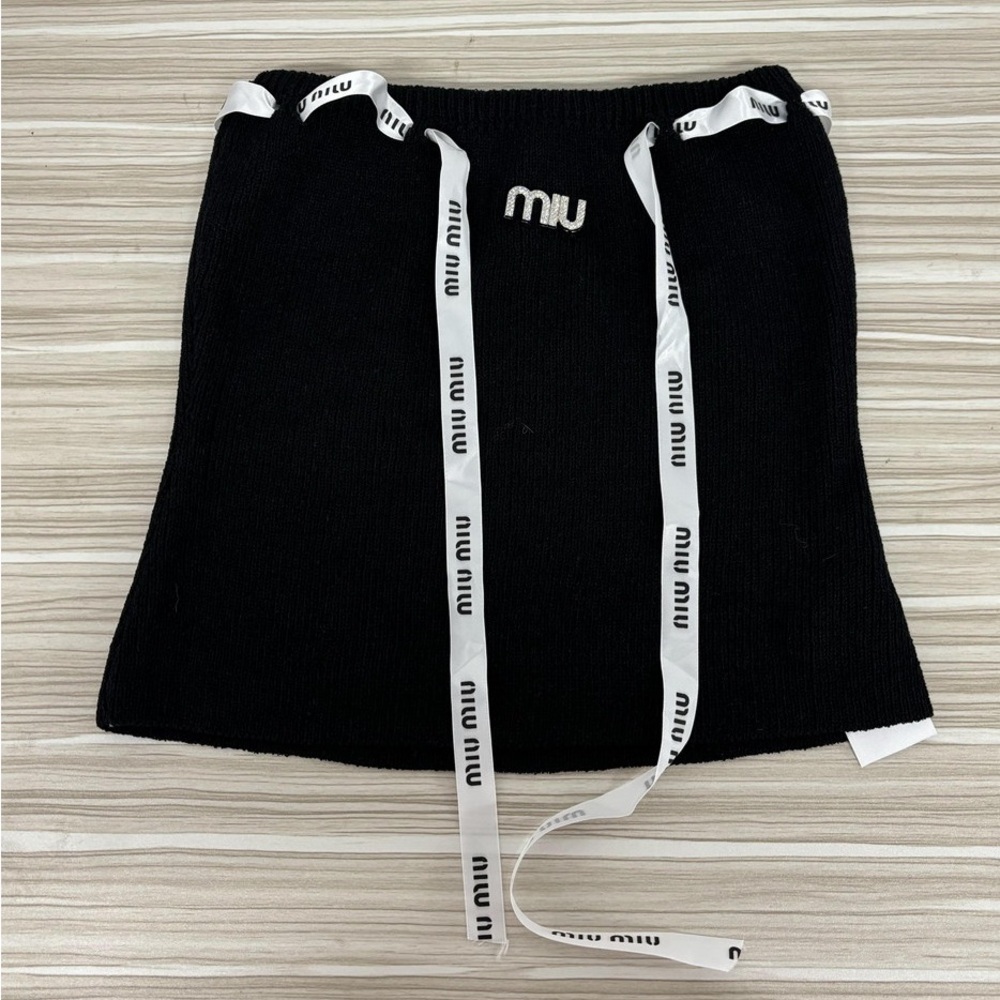 Miu Miu Black Mini Skirt with White Logo Accents